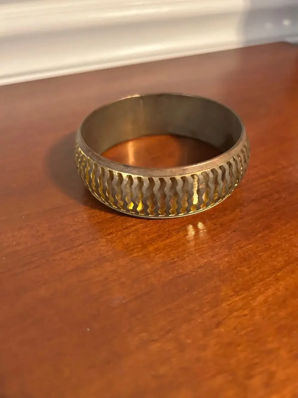 Vintage Gold Tone Brass Bangle Bracelet Wide 3 Inch Cut Out Zig Zag Stacking